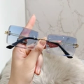 Fashionable rimless square sunglasses featuring gradient blue and purple lenses with gold arms - C5 Gold Frame Double Blue Lens