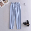 Slim fit light blue high waisted dress pants for women with matching square buckle belt - XS / Blue