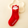 Detail of red Christmas kids socks featuring a Santa doll and vertical knit stripes - S (0-1 Years) / Red (Santa)