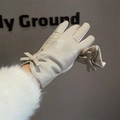 Beige PU leather and suede gloves with bow decoration for women, winter warm style - One Size / Cream White Butterfly