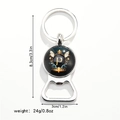 Detailed view of silver bottle opener keychain with blue letter P and dimensions shown - Letter P