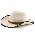 Classic cream felt western cowboy hat with black stitched edge and brown buckle band - M (56-58cm) / Stitched Beige Hat with Black Edge