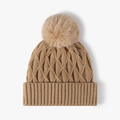 Winter chunky knit beanie for women in light camel color with a fluffy faux fur pompom - One Size(Adjustable) / Camel