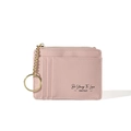 Pink lychee grain leather card holder with multi-slots, zipper, and gold keychain chain - Pink