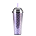 24oz double-wall plastic tumbler with purple mermaid scale pattern and silver dome lid - Style O/Purple Mermaid Scale