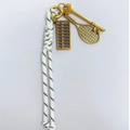 Retro golden tennis racket and abacus charms on black and white woven rope keychain - White