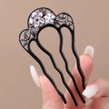Pic à cheveux noir en U avec fleurs roses et perles blanches au style rétro - Fleur de Pêcher Noire Émaillée (120#)