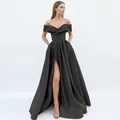 Elegant black off-the-shoulder satin gown with high slit and plunging V-neckline - US 2 / Black