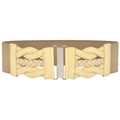 Beige wide elastic cinch belt with light yellow woven faux leather buckle for dresses - Khaki
