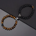 Tiger eye and matte black stone couple magnetic heart bracelets with silver finish - Tiger Eye & Frosted Black With Contrast Heart Magnet