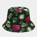 Detail view of the high-quality vibrant vegetable print on black cotton bucket hat - M (56-58cm) / Vegetable Black