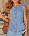 Close-up of light blue denim vest with embossed gold buttons and tailored pocket detail - S / Tops / Blue