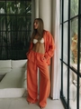 Women's orange linen-style lounge set with loose shirt and wide-leg trousers - Orange Red