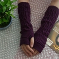 Women's purple knitted fingerless gloves with cable knit pattern and thumb hole - Purple