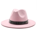 Pink wide brim wool fedora hat with snake pattern leather band and gold stud detail - Pink