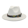 White wool fedora hat featuring colorful snakeskin belt and gold round buckle for outdoors - M (56-58cm) / White