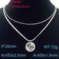 Collana a doppio strato in acciaio argentato con ciondolo fiore di nascita di ottobre e catena - Ottobre Calendula (Argento)