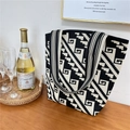 Detail shot of black and white geometric knit tote bag with a woven texture and wide strap - 3 Staircase Pattern Black Beige