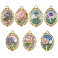 Vintage floral oil painting pendants with gold frames and 3D resin flowers for DIY jewelry - Mix 7 Pcs Oval Flowers-SN1110