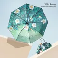 Mini five-fold dark green umbrella with Wild Roses print and matching storage bag - Wild Roses (Double Layer 5-Fold)