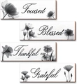 Set di 4 targhe in legno con fiori in bianco e nero e parole ispiratrici di gratitudine - 25x10cm / Stile Floreale Nero (Stile B)