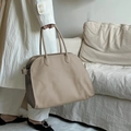 Vintage beige genuine leather Boston tote bag with lychee texture and round handles - Large (Shoulder Use) / Elephant Grey (Togo Leather)