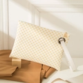 White minimalist clutch bag with yellow geometric print and gold metal zipper hardware - White