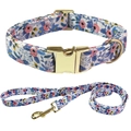 Floral pet collar and leash set with pink yellow flowers and gold metal hardware - Leash + Collar Set / Size S(25-40cm) / Light Blue Floral