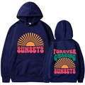 Dunkelblauer Kapuzenpullover mit Vintage-Sonnenuntergangsdruck und Kängurutasche - S / Marineblau