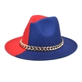 Detail of red and blue bicolor fedora hat featuring a chunky gold chain accessory - Red & Royal Blue