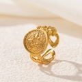 Close-up of 18K gold-plated stainless steel ring with embossed star coin and open band - Star Coin Style (2549-15)