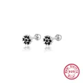 925 sterling silver flower stud earrings with black cubic zirconia and screw back - Silver Black Zirconia