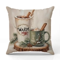 Weihnachtlicher Kissenbezug aus Leinen mit Warm Cozy Bechern und Let it Snow Motiven - Heißer Kakao und Schnee-Druck