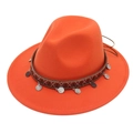 Detail of bohemian orange wide brim felt hat with ethnic woven band and silver coins - Orange