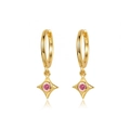 Detailed close-up of gold star earrings featuring centered pink zircon gemstones - Pink