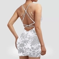 Cross back sports bodysuit in light grey marble print featuring high elastic shaping fabric - S / Top And Bottom / Tie-Dye Grey