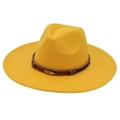 Close-up of a yellow wool felt fedora featuring a braided band and golden feather detail - Adult (57-60cm) / Yellow Heart (Gold Feather)