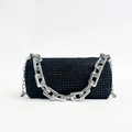 Borsa a cilindro nera con strass e tracolla a catena argentata alla moda - Nero con catena quadrata