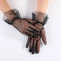 Elegant black mesh gloves with white polka dots and delicate ruffled lace cuffs - One Size / Black (White Polka Dots)