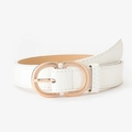 Minimalistischer weißer Ledergürtel für Damen mit goldener Doppel-D-Schnalle und Naht - L105 B2,8 / Weiß
