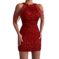 Red sequin halter mini dress with cold shoulder cutouts and elegant beaded fringe detail - S / Dresses / Red