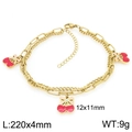 18K gold plated stainless steel double layer anklet with pink cherry charms - Bow Cherry Style (KJ4498-ZG) / L:220mmx4mm/9g