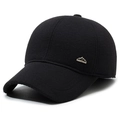 Men's winter wool baseball cap in black with ear protection and mountain metal badge - Adjustable / Black
