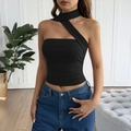 Chic black Y2K halter neck tube top with slim fit and stylish waist ruching details - S / Black