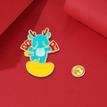 Blue cartoon dragon enamel brooch with lucky red envelope on gold ingot for New Year - Auspicious Joy Blue Dragon