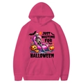 Hot pink Halloween hoodie featuring skull and pumpkin prints with a front kangaroo pocket - Rose Red