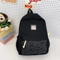 Black school backpack with cat embroidery and cat pattern pocket for kids - With Pendant / Black