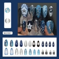 Y2K-Mandel-Nägel mit blauem Katzenaugen-Effekt, silbernen Sternen und 3D-Metalllinien - Sternenhimmel Tiefsee Kleber Stil (W2087)