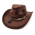 Close-up of brown felt cowboy hat with leopard print band and black star patterns - M (56-58cm) / Coffee