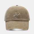 Close-up of white dolphin embroidery on khaki washed cotton baseball cap with neat stitching - Adjustable / Khaki